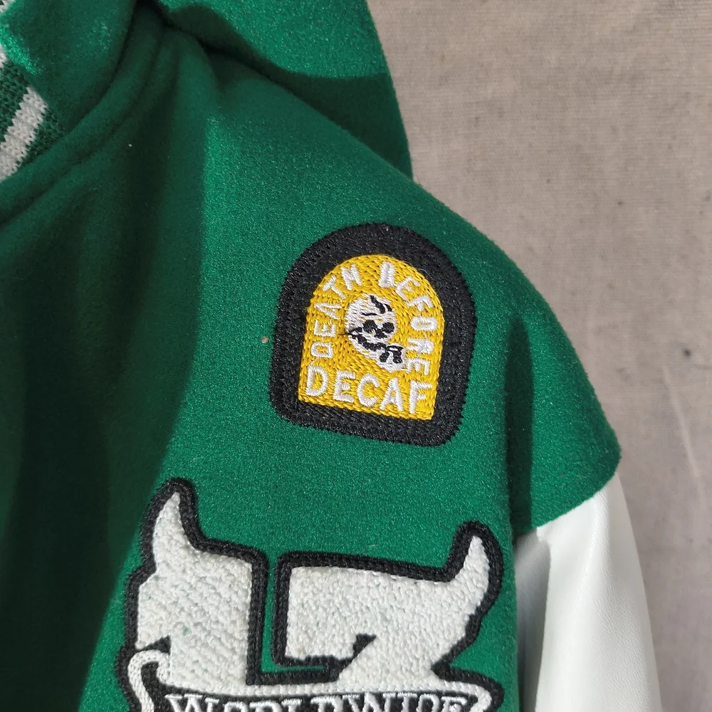 Black Pharoah Boy s Varsity Jacket Green & White W/Hood & Graphics / Patches